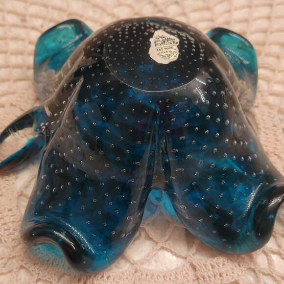 VINTAGE VENETIAN MURANO ART GLASS BOWL BLUE TURQUOISE GOLD SWIRL BUBBLES LEAF - Picture 5 of 9